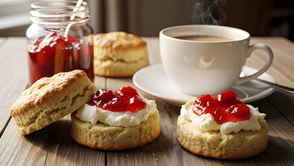 Scones with jam and tea with milk on the table. horizontal  