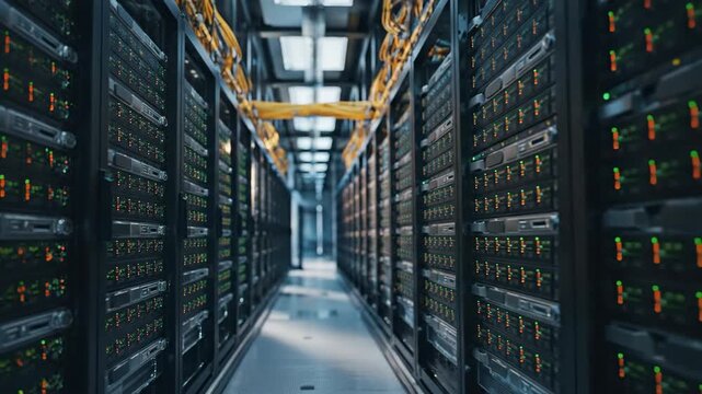 Inside a data center server room with rows of racks.