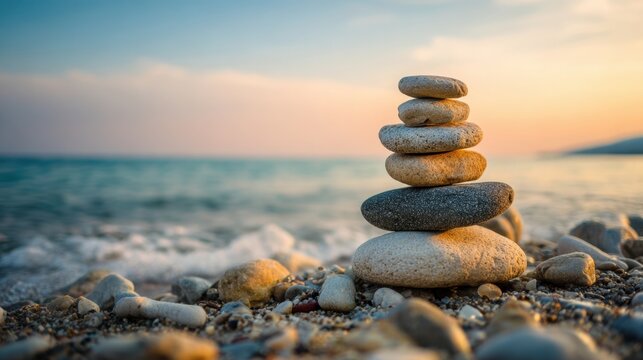 A stack of smooth stones sits beside gentle waves on a beach during sunset. The soft colors of the sky blend with the water evoking tranquility and balance in nature. - Powered by Adobe