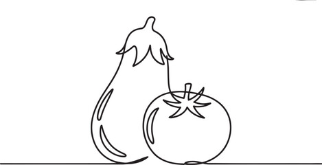  line art drawing of an eggplant  and a tomato, representing healthy food and farming.
