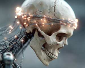 A contemplative human skull, beautifully adorned with a luminous crown of delicate fairy lights, evoking reflections on life's ephemeral beauty and the enigmatic dance between mortality and radiance