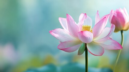 Pink lotus flowers rise gracefully above a calm pond their petals softly opening in the morning light. The vibrant green leaves frame the delicate blossoms creating a peaceful scene.