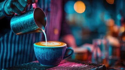 Latte art creation by skilled barista in warm, inviting coffee environment