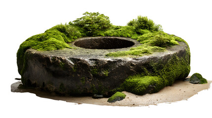 A stone millstone partially buried in the ground beside a quiet village stream, covered in moss, isolated on a Transparent background