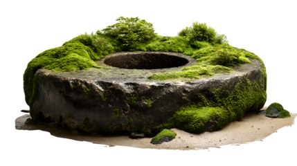A stone millstone partially buried in the ground beside a quiet village stream, covered in moss, isolated on a Transparent background