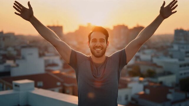A happy man celebrates success with arms outstretched on a city rooftop during a beautiful golden sunset