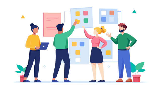 Diverse team collaborating on project planning with colorful sticky notes in modern office