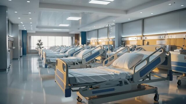 Rows of Modern Hospital Beds in Bright Ward Showroom.