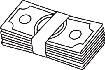 Black and white line art illustration of a stack of paper money or cash bundle.