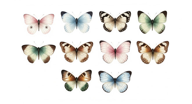 Beautiful butterflies in pastel shades flutter across a bright white backdrop, perfect for spring designs or whimsical creative projects - Powered by Adobe