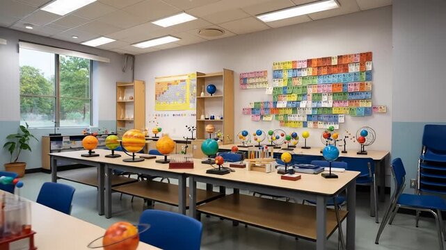 Bright classroom science lab with globes and educational models.