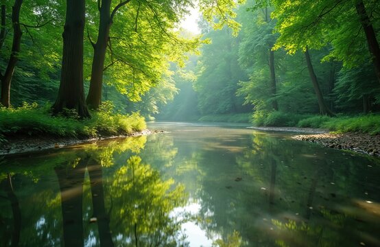 Scenic photo of a river flowing through forest. Sunlight streams through trees creating beautiful reflections. Natural view with green foliage and calm water. Nature background with light.