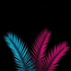 Obraz premium Vibrant tropical palm fronds in blue and pink on black
