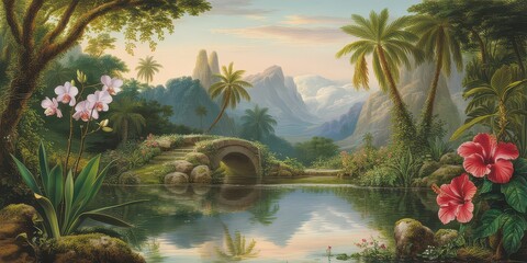 Wallpaper serene tropical landscape painting in pastel tones	