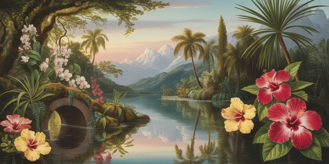 Wallpaper serene tropical landscape painting in pastel tones	