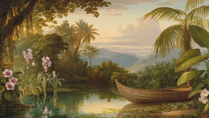 Wallpaper serene tropical landscape painting in pastel tones	