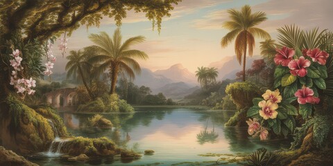Wallpaper serene tropical landscape painting in pastel tones	