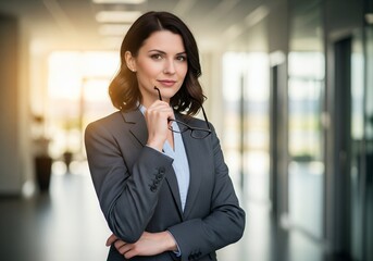 Obraz premium Professional dark haired businesswoman in grey suit holding glasses in bright corporate hallway