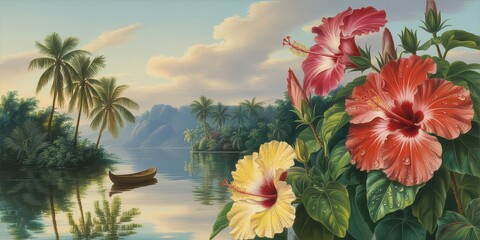 Wallpaper serene tropical landscape painting in pastel tones	