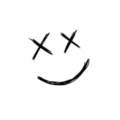 Whimsical hand-drawn smiley face with quirky crossed eyes, perfect for adding a playful touch to designs or expressing a fun, unconventional mood