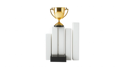 Golden trophy atop a modern white pedestal against a stark view on transparent background