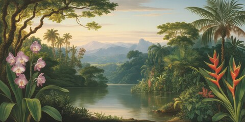 Wallpaper serene tropical landscape painting in pastel tones	