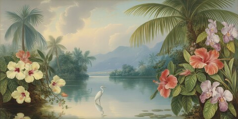 Wallpaper serene tropical landscape painting in pastel tones	