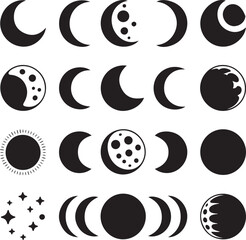 Black and white vector illustration of moon phases and sun