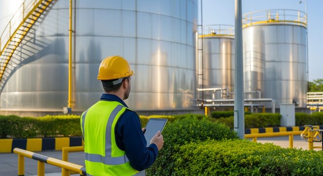 Engineer Monitoring Industrial Tanks Chemical Processing Facility Digital Inspection Outdoor Environment Side View Safety Compliance