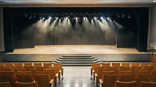 Empty Theater Stage With Bright Lights And Rows Of Seats.
