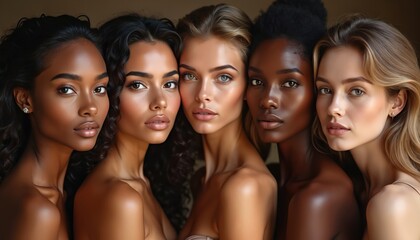 Obraz premium Portraits of diverse women. Females with different skin tones pose. Ladies demonstrate beauty makeup skin care. Attractive women look at camera. Multiethnic group of beautiful girls together.