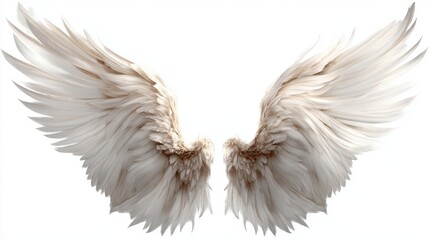 Obraz premium Delicate white wings made of soft feathers are spread wide against a plain background. These wings symbolize purity freedom and a connection to the divine evoking feelings of inspiration.