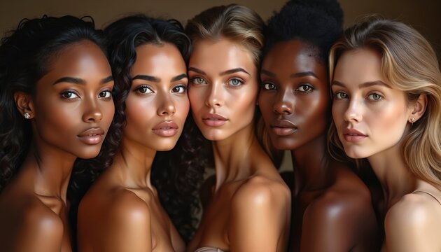 Portraits of diverse women. Females with different skin tones pose. Ladies demonstrate beauty makeup skin care. Attractive women look at camera. Multiethnic group of beautiful girls together.