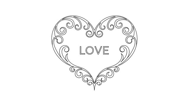Elegant filigree heart with love text, isolated on white background