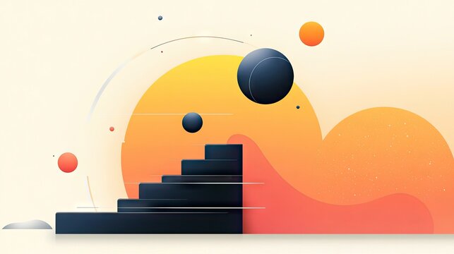 An abstract illustration featuring a staircase leading upwards, surrounded by colorful shapes and a warm, inviting color palette.