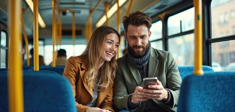 Couple smiles using smartphone on bus journey. Man shows woman something on screen during city commute. People share happy moment on public transport. They look at phone together.