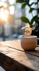 A cup of coffee with steam rising, placed on a wooden table outdoors. The image is lit by the warm glow of the setting sun, creating a cozy and inviting atmosph
