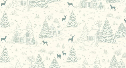 Obraz premium Charming winter wonderland with deer and cozy cottages nestled among snow-covered pine trees, perfect for holiday cards and seasonal designs