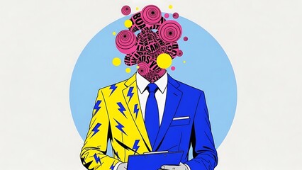 Pop Art Businessman with Abstract Text Head and Clipboard,