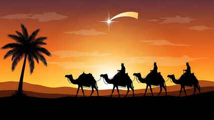 Three Kings on camels silhouetted against a desert sunset with a star image