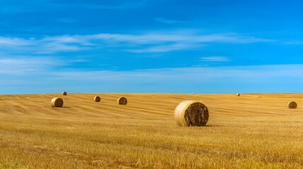 Fototapeta premium Golden Hay Bales Dotting a Vast Field Under a Bright Blue Sky.