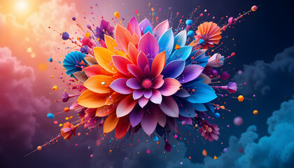 A stunning digital art illustration capturing a vibrant floral explosion, bursting with a kaleidoscope of colors including orange, pink, purple, and blue petals, set against a dramatic gradient sky