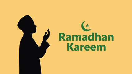 Illustration of a devout person praying, celebrating a sacred Islamic month with a welcoming message and symbolic crescent emblem, embodying spiritual reflection