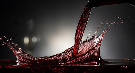 Dramatic red wine pour capturing fluid motion and dynamic splash effect