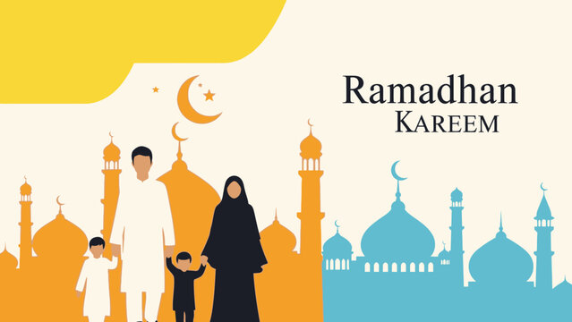 Ramadan Kareem A Family's Joyful Celebration with Mosque Silhouettes and Crescent Moons