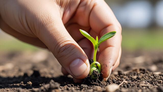 a hand gently holding a tiny sprout growing from the earth, 