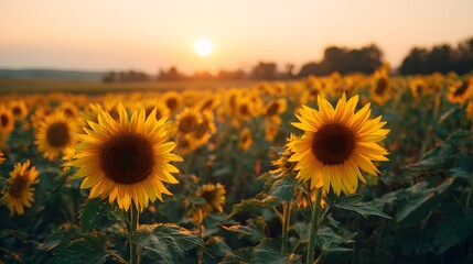 Fototapeta premium Golden Hour Glow Over a Vast Sunflower Field at Sunset.