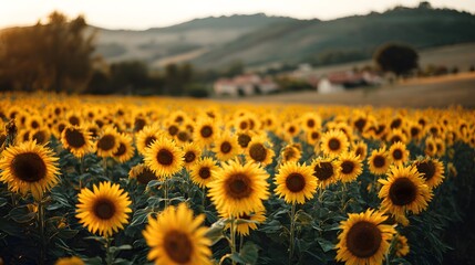 Obraz premium Golden Hour Glow Over a Vast Sunflower Field in the Countryside.