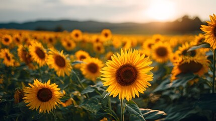 Fototapeta premium Golden Hour Glow - Sunflowers Bathed in Warm Light at Sunset.
