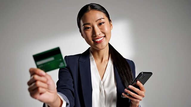 Happy Asian business woman smiling, holding green credit card and smartphone. Perfect for online shopping, mobile banking, digital payment, e-commerce, finance, secure transactions, modern payment tec